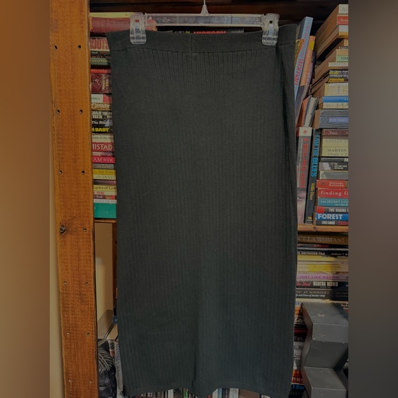 Free People Black Ribbed Midi Pencil Skirt with Front Slit - Picture 2 of 3